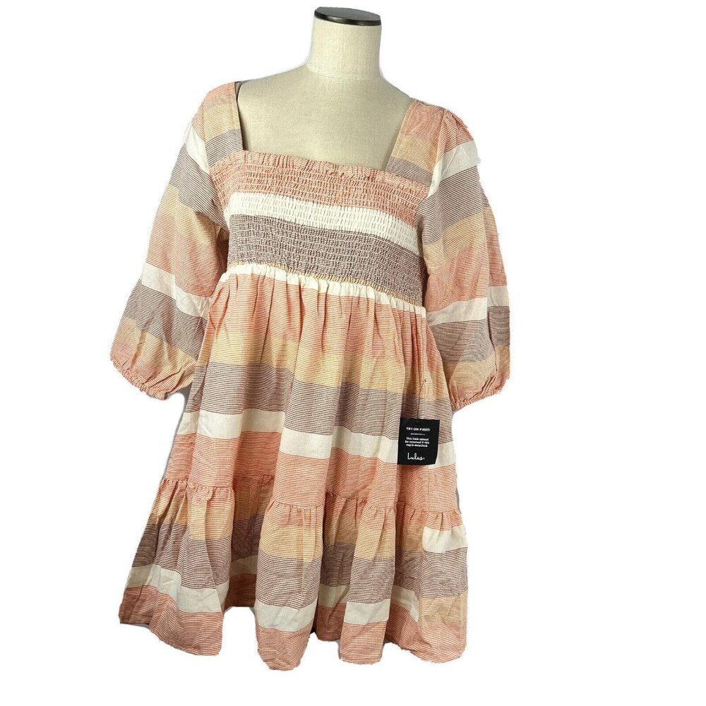 Lulus Striped Orange Cream Brown Boho Empire Waist Dress Size Large